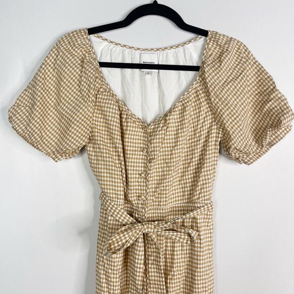 Reformation XS Tan Natural Roland Dress Anzo Check Gingham Midi Button Front - Picture 3 of 14